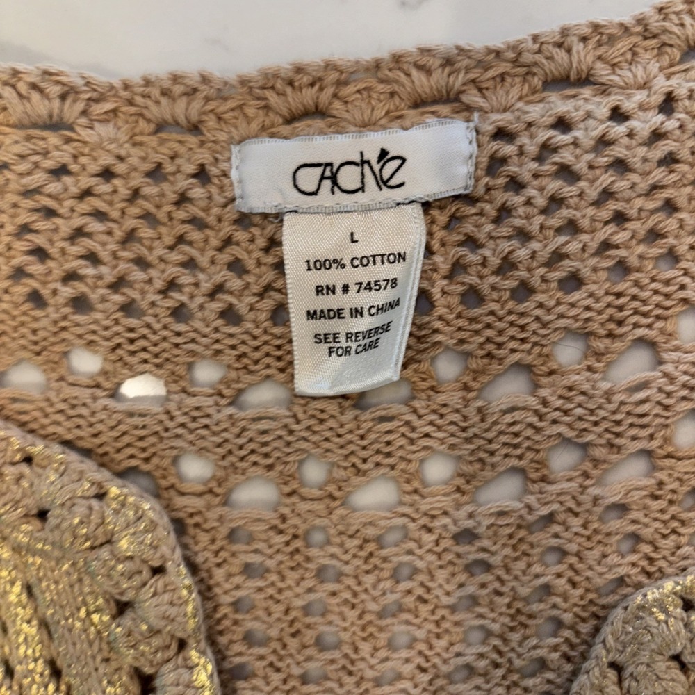 Cache Gold Metallic Short Sleeve Cardigan Size Large 100% Cotton Crochet EUC - Picture 3 of 7